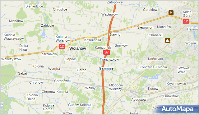 mapa Franciszków gmina Wolanów, Franciszków gmina Wolanów na mapie Targeo