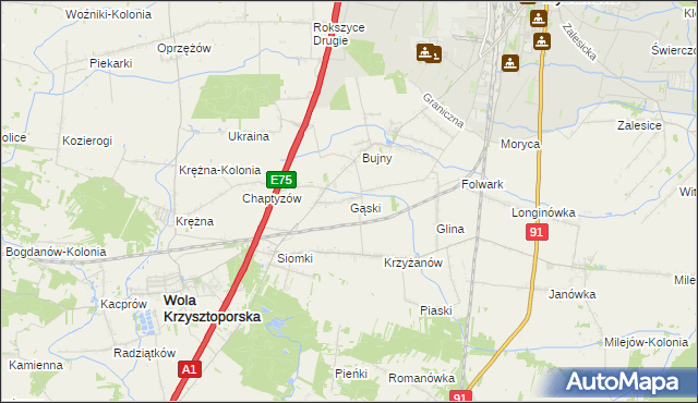 mapa Gąski gmina Wola Krzysztoporska, Gąski gmina Wola Krzysztoporska na mapie Targeo