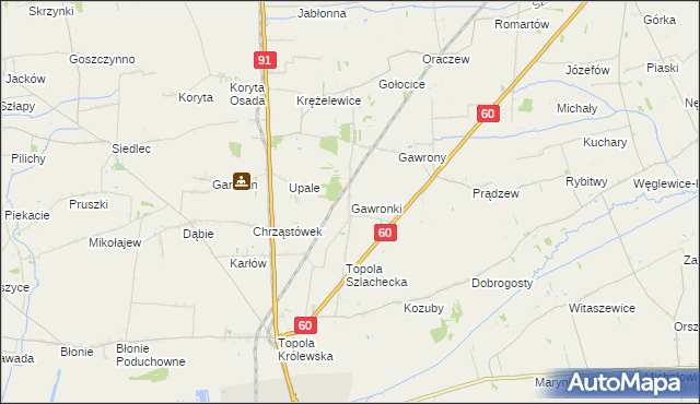 mapa Gawronki gmina Łęczyca, Gawronki gmina Łęczyca na mapie Targeo