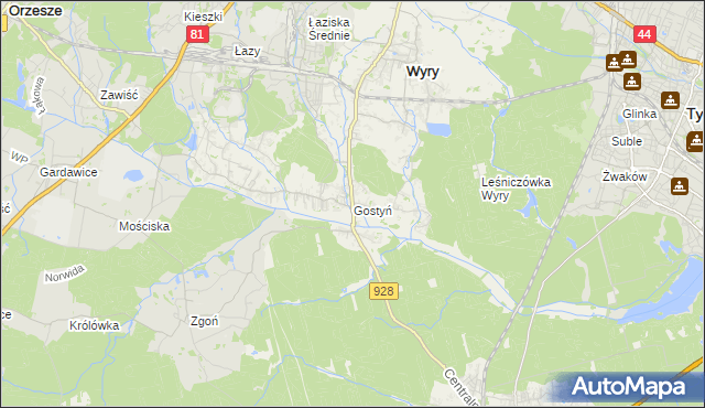 mapa Gostyń gmina Wyry, Gostyń gmina Wyry na mapie Targeo