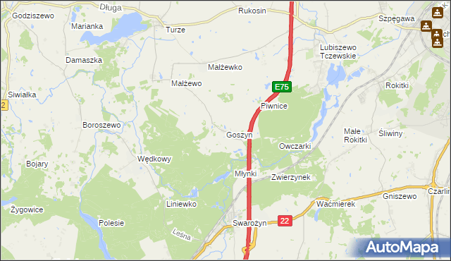 mapa Goszyn gmina Tczew, Goszyn gmina Tczew na mapie Targeo