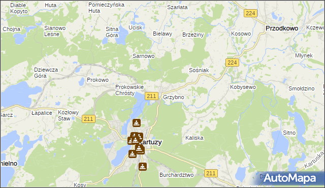 mapa Grzybno gmina Kartuzy, Grzybno gmina Kartuzy na mapie Targeo
