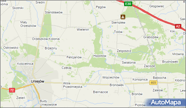 mapa Hipolitów gmina Uniejów, Hipolitów gmina Uniejów na mapie Targeo