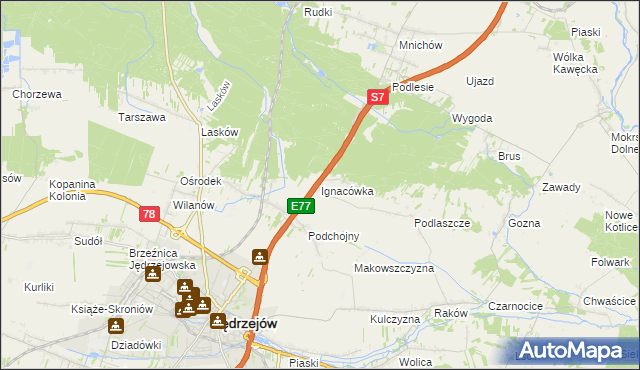 mapa Ignacówka gmina Jędrzejów, Ignacówka gmina Jędrzejów na mapie Targeo