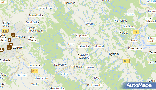 mapa Jabłonka gmina Dydnia, Jabłonka gmina Dydnia na mapie Targeo