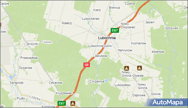 mapa Jakubów gmina Lubochnia, Jakubów gmina Lubochnia na mapie Targeo