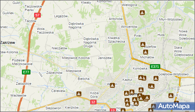 mapa Janiszew gmina Zakrzew, Janiszew gmina Zakrzew na mapie Targeo