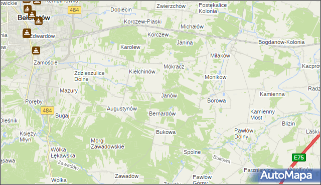 mapa Janów gmina Bełchatów, Janów gmina Bełchatów na mapie Targeo