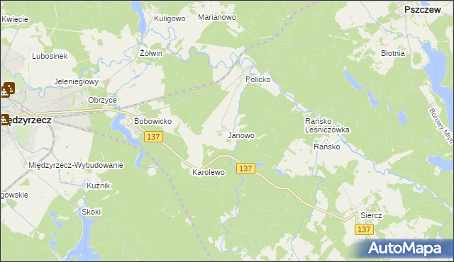 mapa Janowo gmina Pszczew, Janowo gmina Pszczew na mapie Targeo