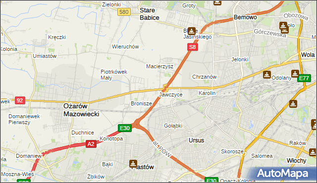 mapa Jawczyce gmina Ożarów Mazowiecki, Jawczyce gmina Ożarów Mazowiecki na mapie Targeo