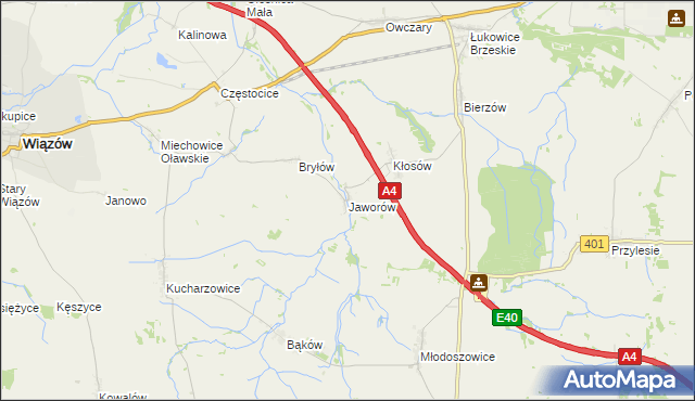 mapa Jaworów gmina Wiązów, Jaworów gmina Wiązów na mapie Targeo