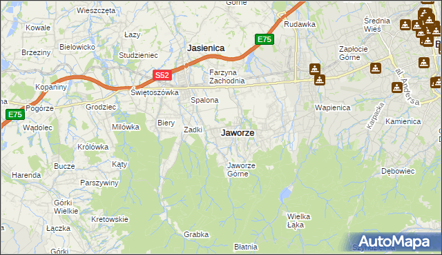 mapa Jaworze powiat bielski, Jaworze powiat bielski na mapie Targeo