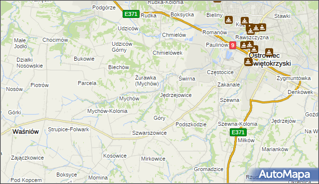 mapa Jędrzejowice gmina Bodzechów, Jędrzejowice gmina Bodzechów na mapie Targeo