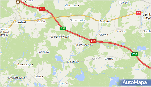 mapa Jędrzychowice gmina Trzebiel, Jędrzychowice gmina Trzebiel na mapie Targeo