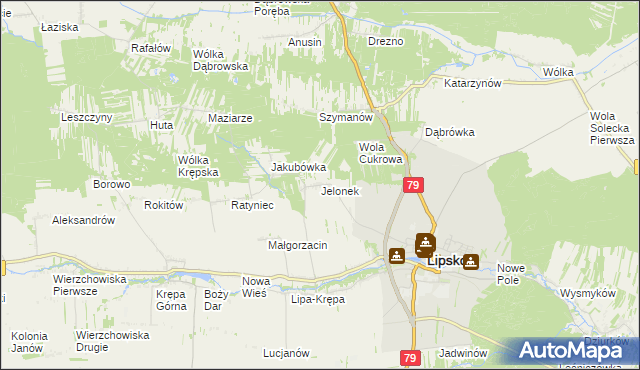 mapa Jelonek gmina Lipsko, Jelonek gmina Lipsko na mapie Targeo