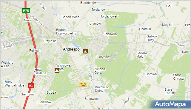 mapa Justynów gmina Andrespol, Justynów gmina Andrespol na mapie Targeo