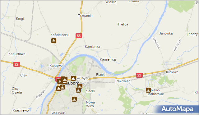 mapa Kamienica gmina Malbork, Kamienica gmina Malbork na mapie Targeo