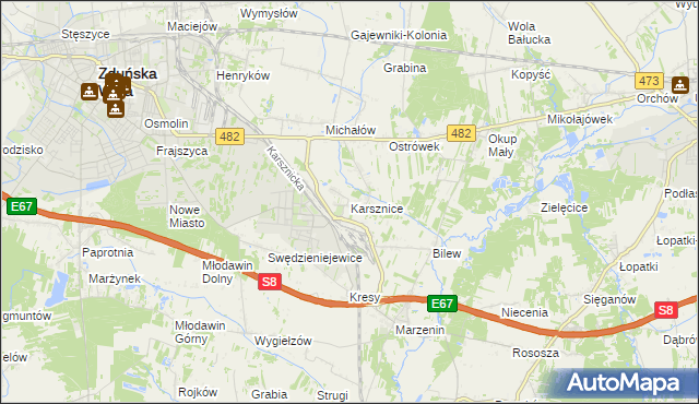 mapa Karsznice gmina Zduńska Wola, Karsznice gmina Zduńska Wola na mapie Targeo