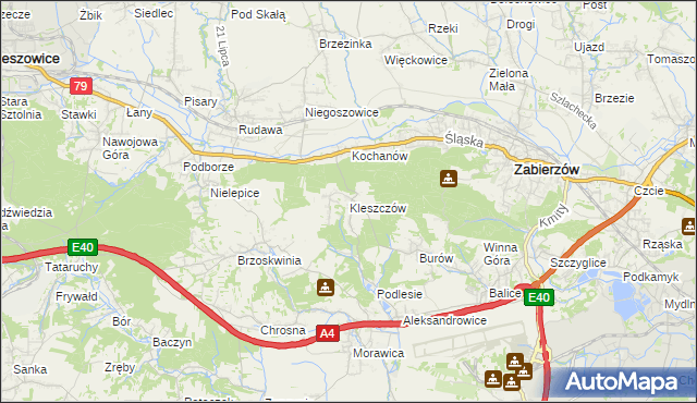 mapa Kleszczów gmina Zabierzów, Kleszczów gmina Zabierzów na mapie Targeo