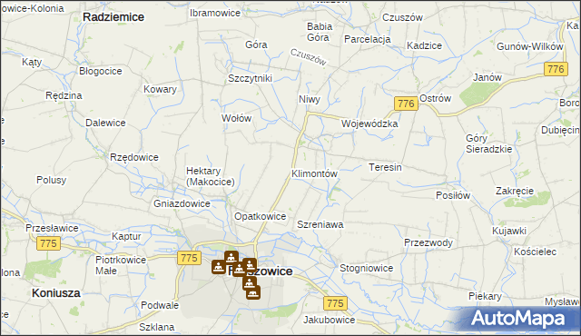 mapa Klimontów gmina Proszowice, Klimontów gmina Proszowice na mapie Targeo