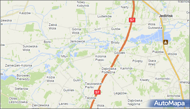 mapa Kolonia Piaski gmina Zakrzew, Kolonia Piaski gmina Zakrzew na mapie Targeo