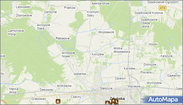 mapa Korczew gmina Zduńska Wola, Korczew gmina Zduńska Wola na mapie Targeo