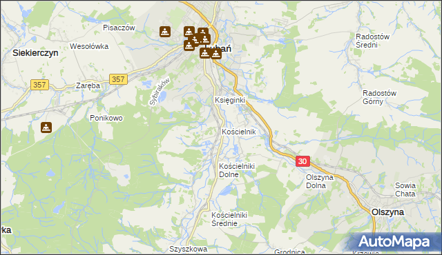 mapa Kościelnik gmina Lubań, Kościelnik gmina Lubań na mapie Targeo