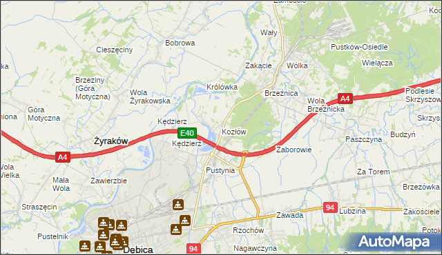 mapa Kozłów gmina Dębica, Kozłów gmina Dębica na mapie Targeo