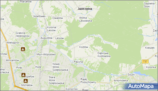 mapa Kozłów gmina Jastrzębia, Kozłów gmina Jastrzębia na mapie Targeo