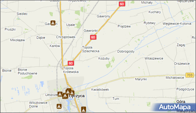 mapa Kozuby gmina Łęczyca, Kozuby gmina Łęczyca na mapie Targeo
