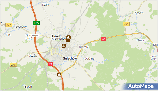 mapa Krężoły gmina Sulechów, Krężoły gmina Sulechów na mapie Targeo