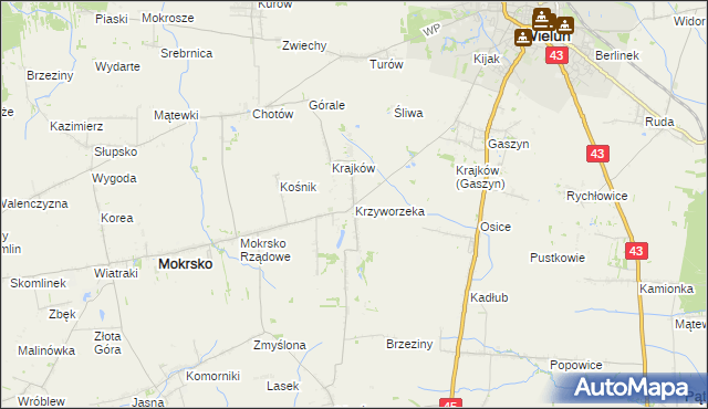 mapa Krzyworzeka gmina Mokrsko, Krzyworzeka gmina Mokrsko na mapie Targeo