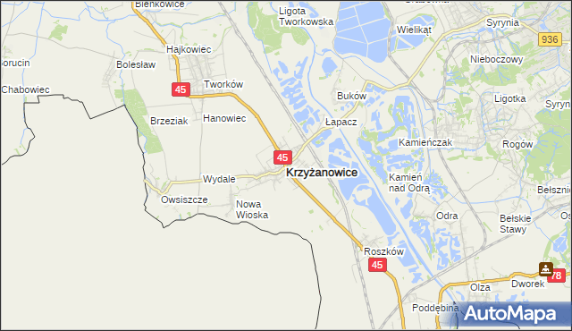 mapa Krzyżanowice powiat raciborski, Krzyżanowice powiat raciborski na mapie Targeo