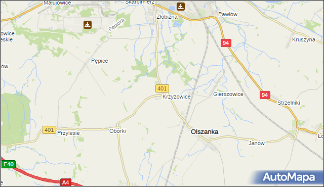 mapa Krzyżowice gmina Olszanka, Krzyżowice gmina Olszanka na mapie Targeo