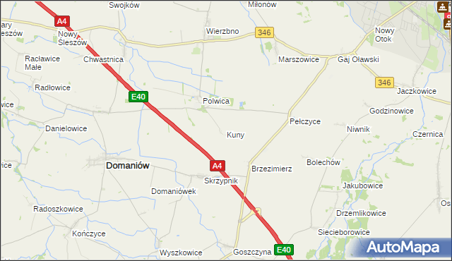 mapa Kuny gmina Domaniów, Kuny gmina Domaniów na mapie Targeo