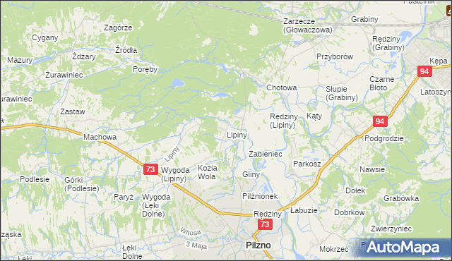 mapa Lipiny gmina Pilzno, Lipiny gmina Pilzno na mapie Targeo