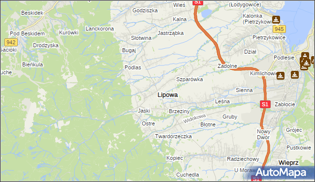 mapa Lipowa powiat żywiecki, Lipowa powiat żywiecki na mapie Targeo