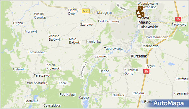 mapa Lipowiec gmina Kurzętnik, Lipowiec gmina Kurzętnik na mapie Targeo