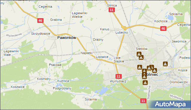 mapa Lisowice gmina Pawonków, Lisowice gmina Pawonków na mapie Targeo