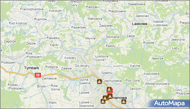 mapa Łososina Górna, Łososina Górna na mapie Targeo