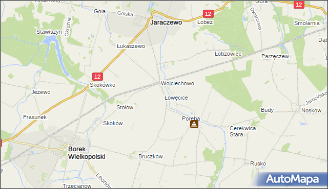 mapa Łowęcice gmina Jaraczewo, Łowęcice gmina Jaraczewo na mapie Targeo