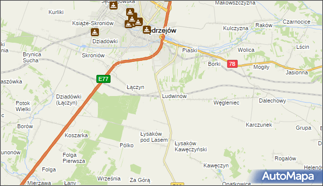 mapa Ludwinów gmina Jędrzejów, Ludwinów gmina Jędrzejów na mapie Targeo