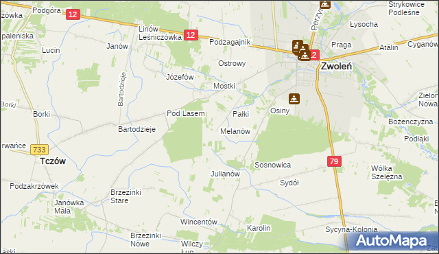 mapa Melanów gmina Zwoleń, Melanów gmina Zwoleń na mapie Targeo