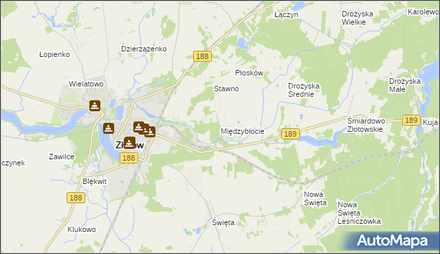 mapa Międzybłocie gmina Złotów, Międzybłocie gmina Złotów na mapie Targeo