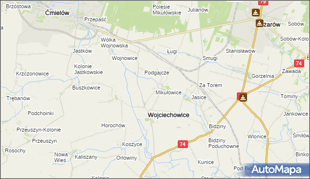 mapa Mikułowice gmina Wojciechowice, Mikułowice gmina Wojciechowice na mapie Targeo