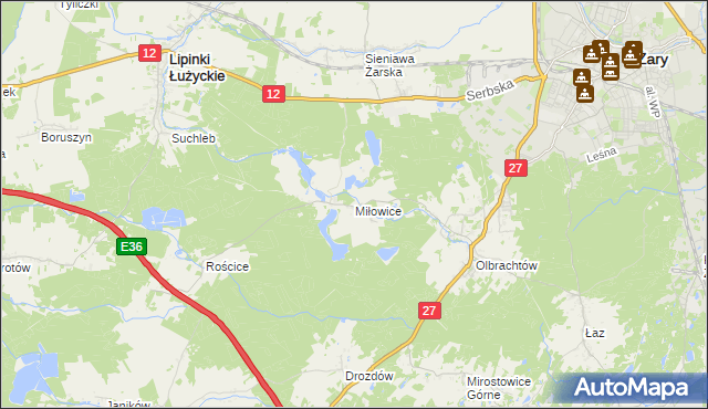 mapa Miłowice gmina Żary, Miłowice gmina Żary na mapie Targeo