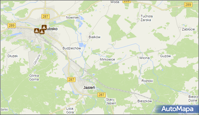 mapa Mirkowice gmina Jasień, Mirkowice gmina Jasień na mapie Targeo