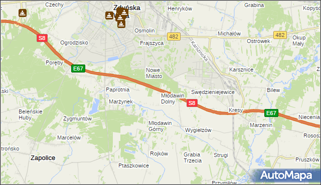 mapa Młodawin Dolny, Młodawin Dolny na mapie Targeo