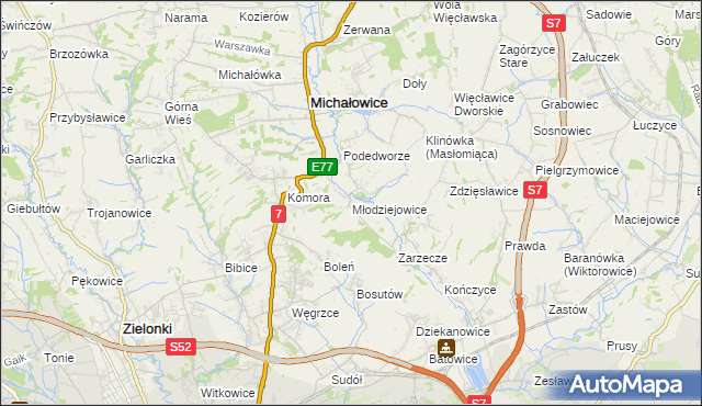 mapa Młodziejowice gmina Michałowice, Młodziejowice gmina Michałowice na mapie Targeo