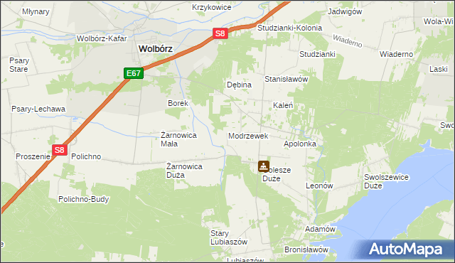 mapa Modrzewek gmina Wolbórz, Modrzewek gmina Wolbórz na mapie Targeo